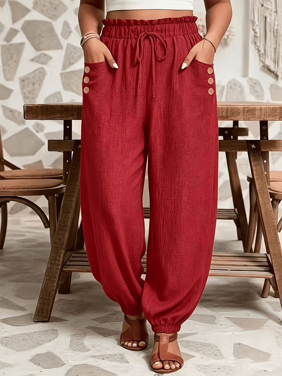 Plus Size - All Seasons Plus Size Beautiful Women'S Casual -Like Rubber High-Waist Scalloped Trim Tie-Pocket Women'S Long Pants, Casual Daily Versatile Vacation Holiday Style - Red