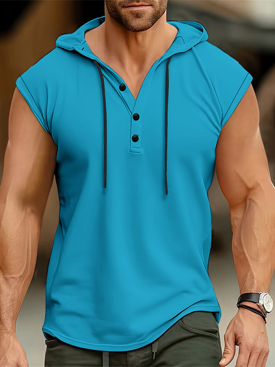 Men's Sleeveless Hooded Henley Shirt - Lightweight, Breathable Polyester | Summer Casual & Sporty Top with Button Detail | Machine Washable - Dark Cyan