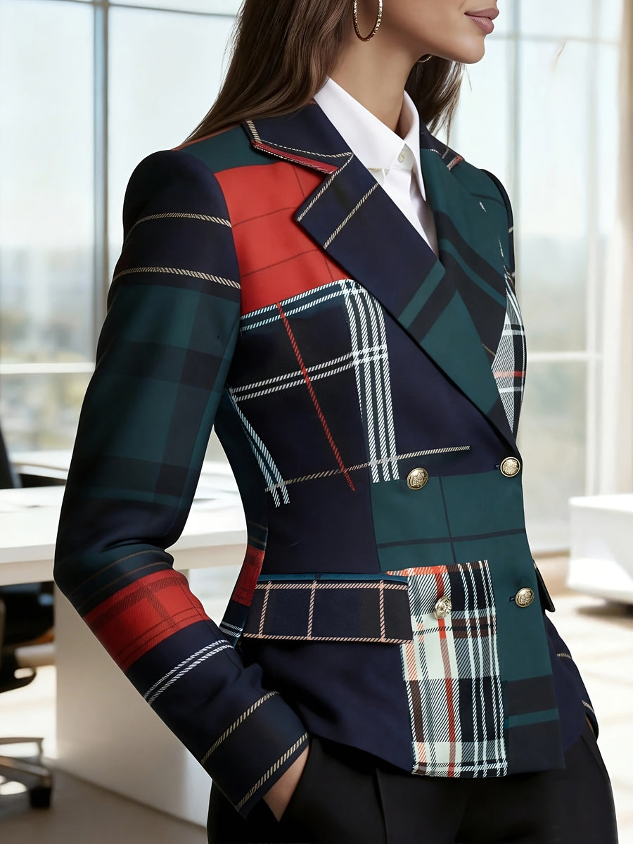 Women'S Plaid Long Sleeve Blazer, Retro Elegant Casual Vacation Formal Daily Business Commute Workwear All-Season Style - Dark green plaid
