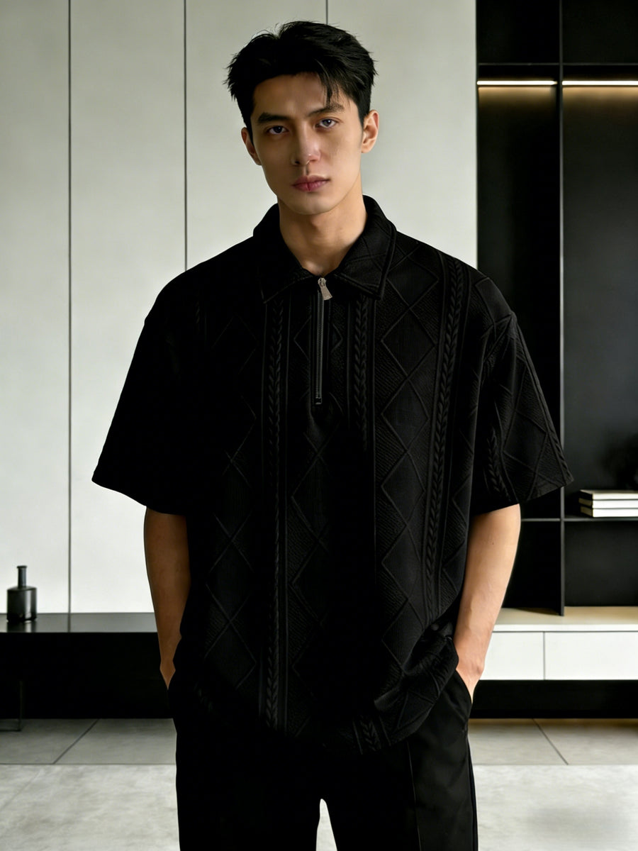 Men'S Summer New Premium Loose Short Sleeve Half-Zip Collar Polo Shirt Jacquard Short Sleeve T-Shirt - Black