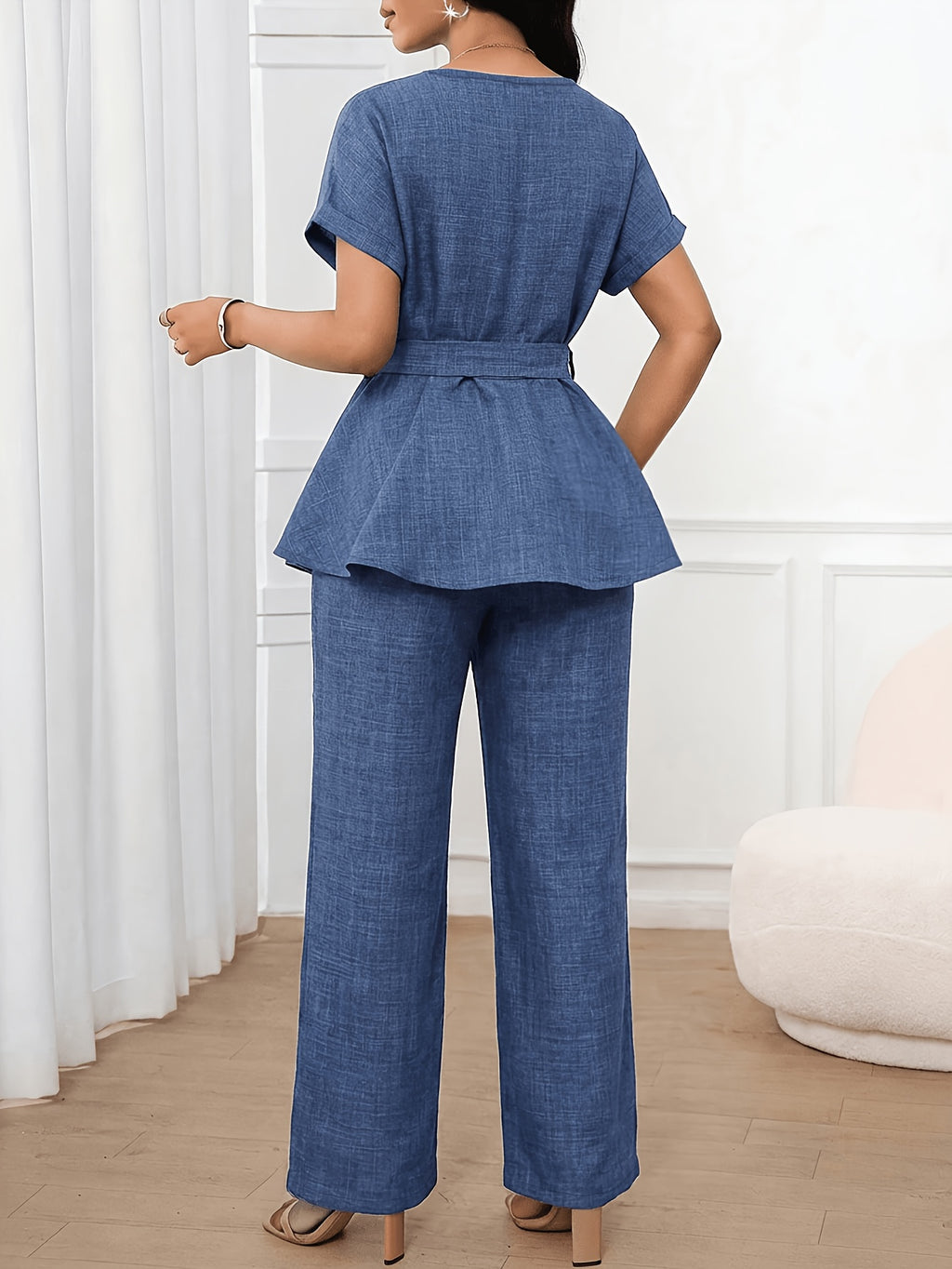 [Printed Pants - Not Denim Fabric]Temperament Commuter Waist-Cinching Tie-Up Two-Piece Set, Ruffled Short Sleeve Top And Wide-Leg Pants, Faux Denim Blue High-Waist Outfit, Lightly Mature Faux Denim-Inspired Set - Navy blue color