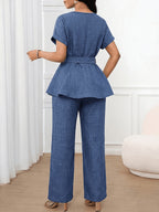 [Printed Pants - Not Denim Fabric]Temperament Commuter Waist-Cinching Tie-Up Two-Piece Set, Ruffled Short Sleeve Top And Wide-Leg Pants, Faux Denim Blue High-Waist Outfit, Lightly Mature Faux Denim-Inspired Set - Navy blue color