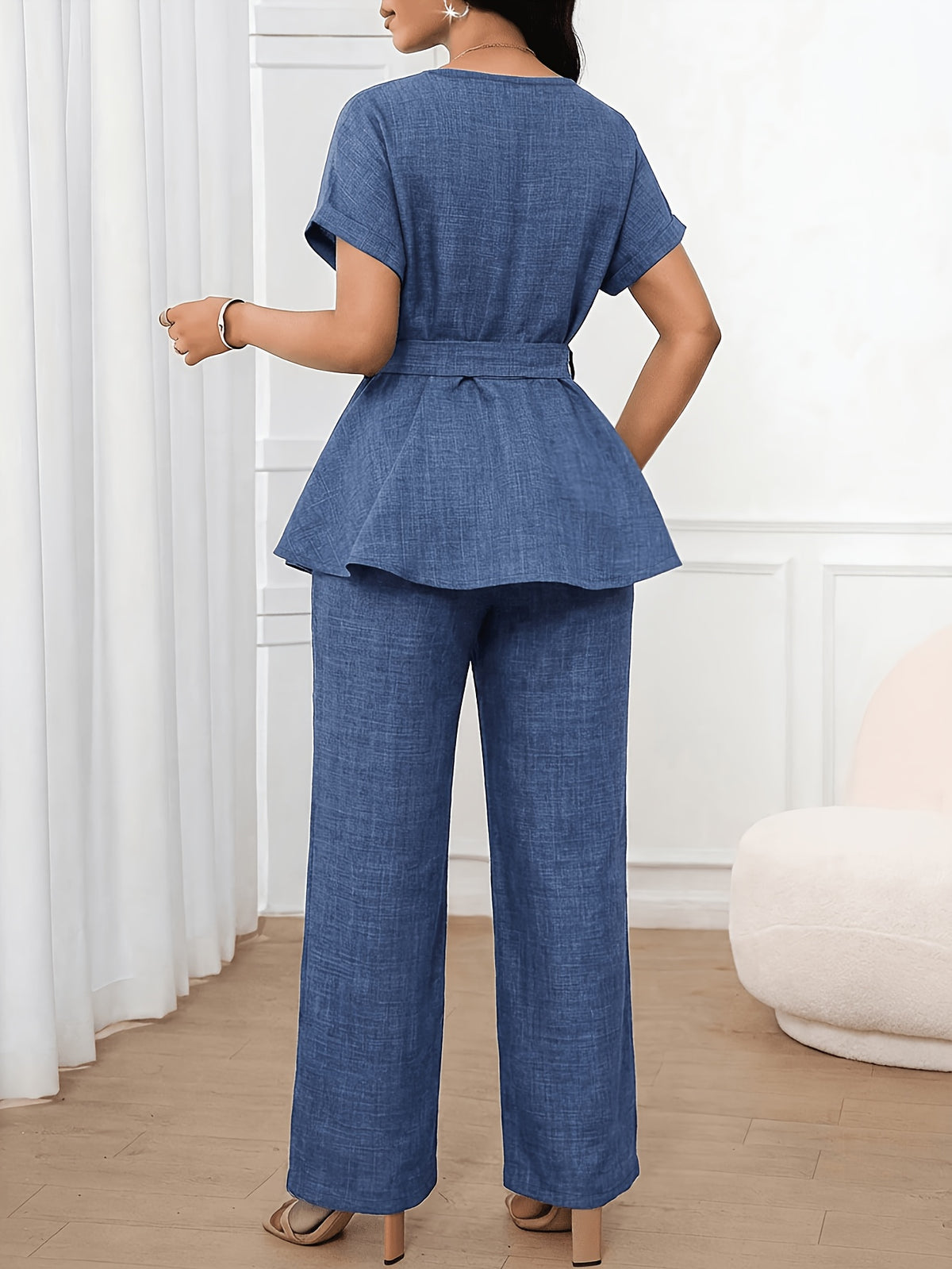 [Printed Pants - Not Denim Fabric]Temperament Commuter Waist-Cinching Tie-Up Two-Piece Set, Ruffled Short Sleeve Top And Wide-Leg Pants, Faux Denim Blue High-Waist Outfit, Lightly Mature Faux Denim-Inspired Set - Navy blue color