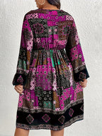 Plus Size - Plus Size - Bohemian Style Plus-Size V-Neck Lantern Sleeve Dress with Elegant Geometric Patterns - Rose Red