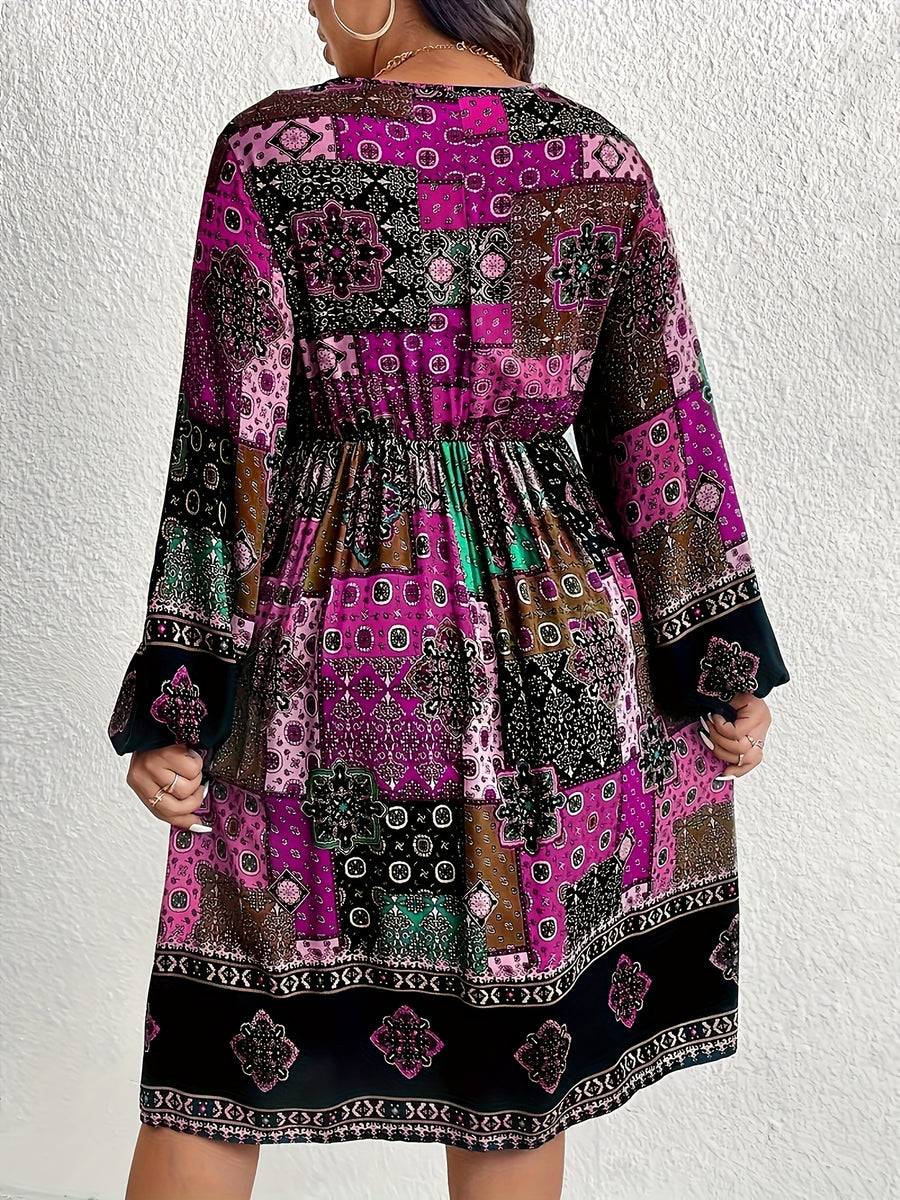Plus Size - Plus Size - Bohemian Style Plus-Size V-Neck Lantern Sleeve Dress with Elegant Geometric Patterns - Rose Red