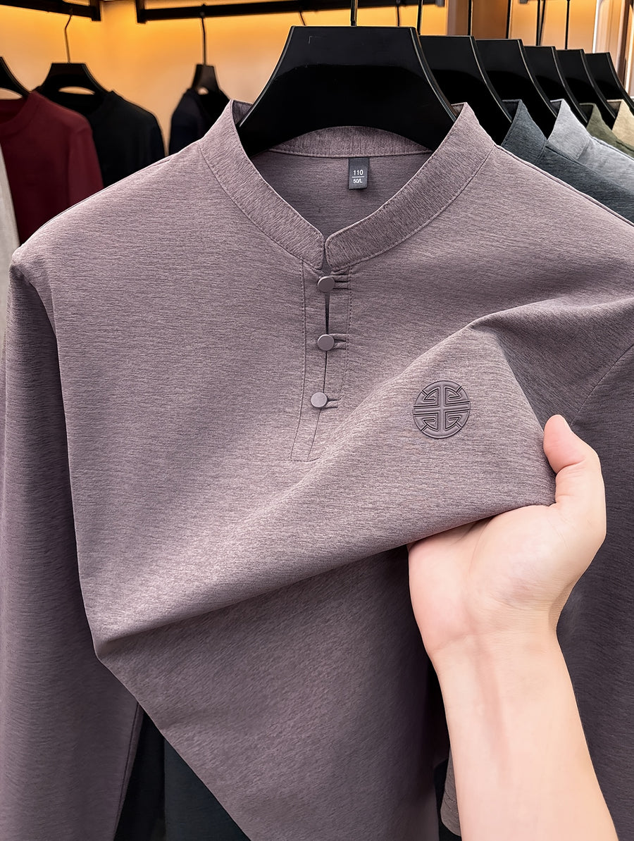 Men's Long-Sleeve T-Shirt with Chinese-Style Stand-Up Collar and Three Buttons, Spring/Autumn Fit Style Casual Base Layer Top - Fuchsia