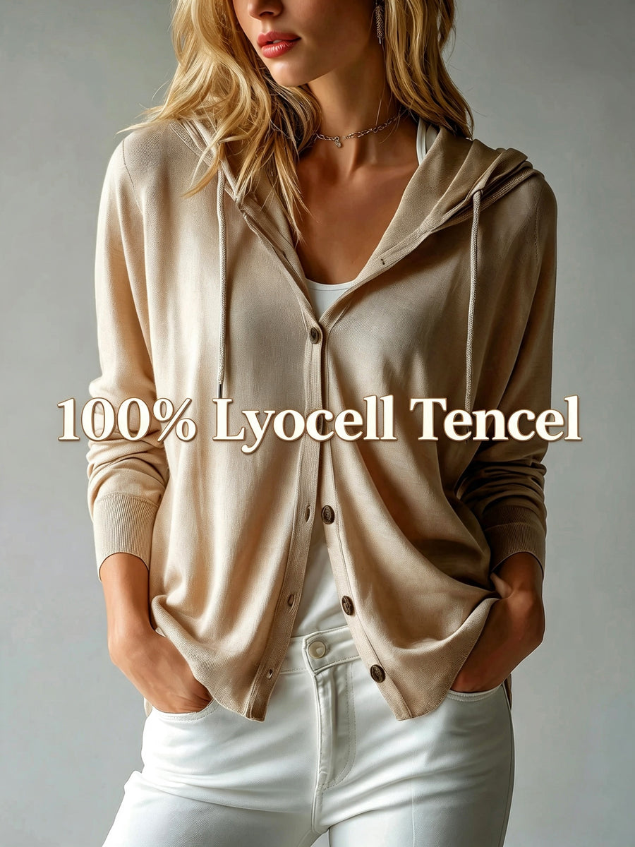 Lyocell Tencel Women'S Sweater Cardigan Hooded Cardigan Women'S Spring Autumn Winter Style Long Sleeve Button Loose Coat, Western Style Casual Temperament Top, Drawstring Hood Design, Daily Commute Outing Versatile Outerwear Elegant - Khaki