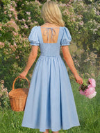 Directional French Country Style Sweet Elegant Women'S Dress Solid Color Cutout Neckline Dress - Blue