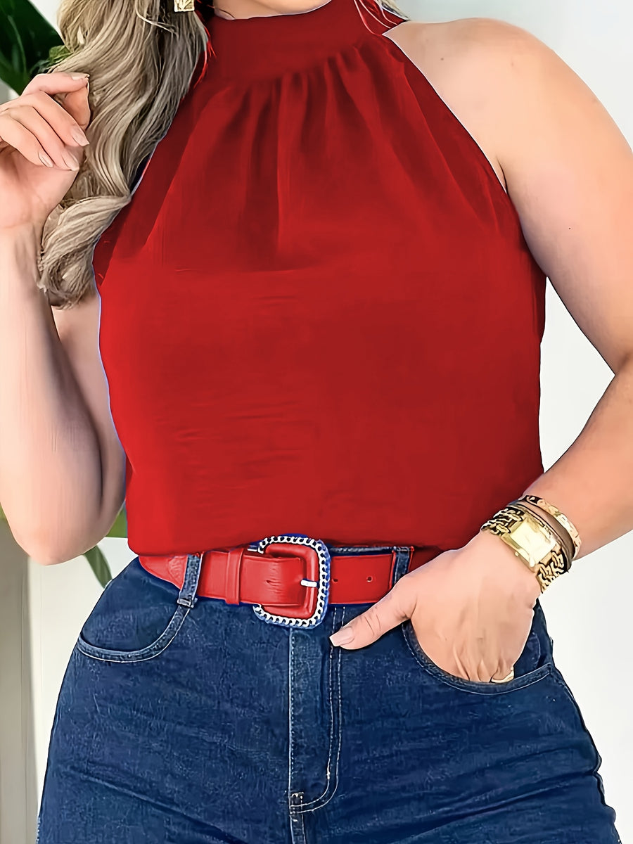 Solid Color Sleeveless Halter Neck Fashion Top - Red