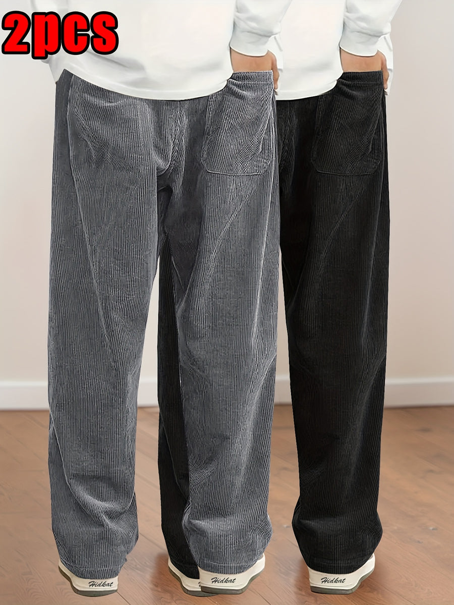 2pcs Women's Corduroy Pants, Spring/Autumn Elastic Waist with Drawstring, Back Pockets, Casual Trousers, Suitable for Casual, S, Dating, Etc. - Black+Grey