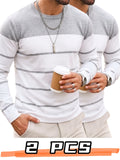Men's Spring, Autumn, and Winter 2pcs Set: Casual Crew Neck Long-Sleeve Base Layer, Striped New Arrival Sweater for Spring and Autumn, Trendy and Versatile Long-Sleeve Pullover T-Shirt - Light Grey