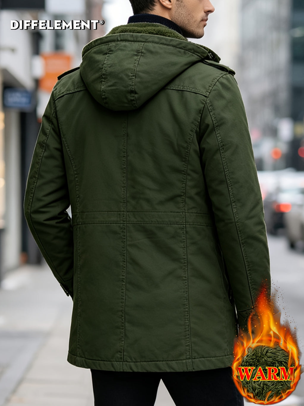 Men's Hooded Shoulder-Patch -Lined Mid-Length Workwear Parka Jacket, Winter Thickened Multi-Pocket Warm Padded Coat, Temperature-Locking, Cold-Resistant, Wear-Resistant, Wrinkle-Resistant, Structured and Stylish, Not Easily Deformed, Easy to Care - Olive Green