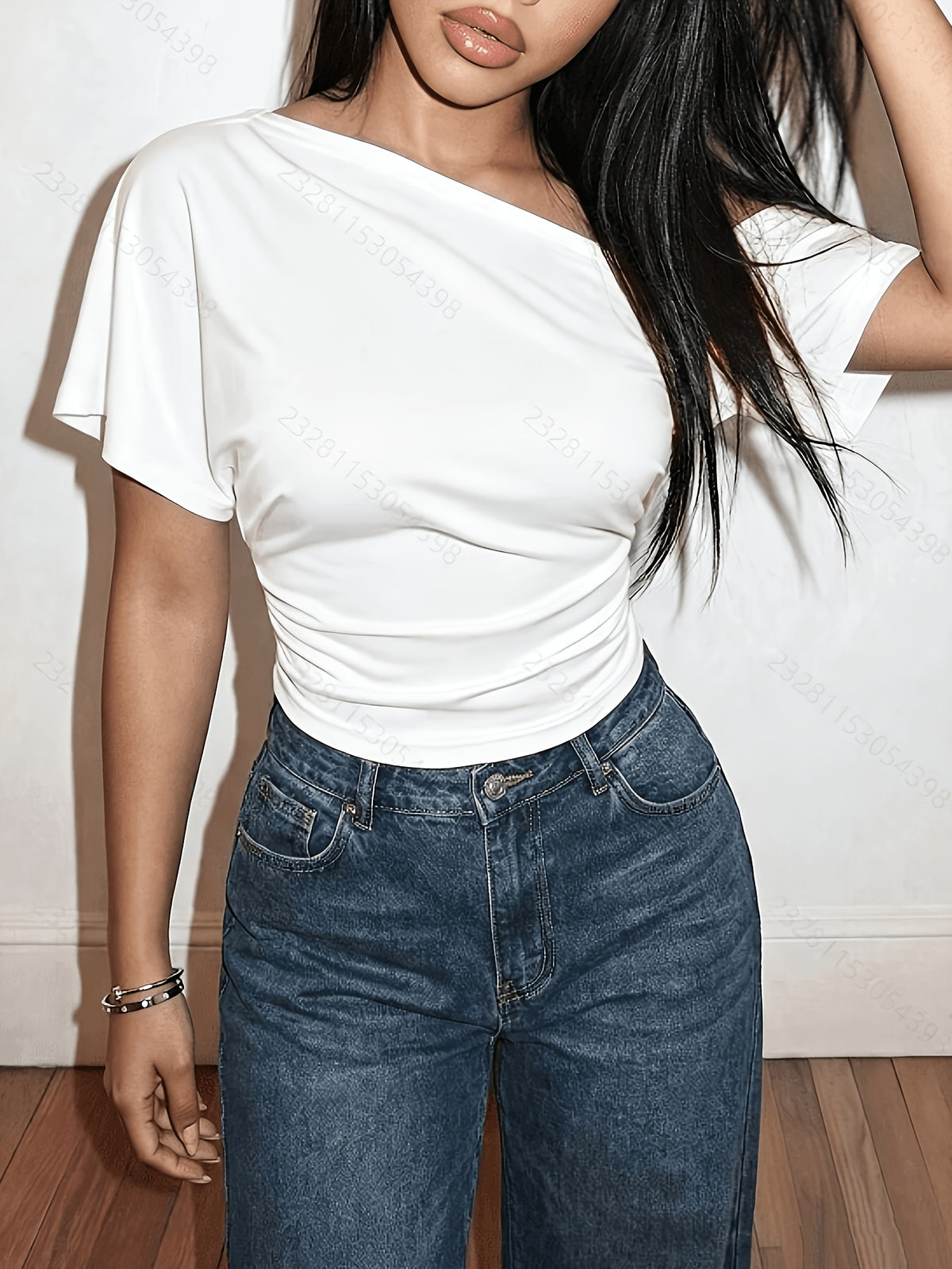 Women'S Summer Off-The-Shoulder Solid Color Short-Sleeved T-Shirt, Casual Basic Top - White