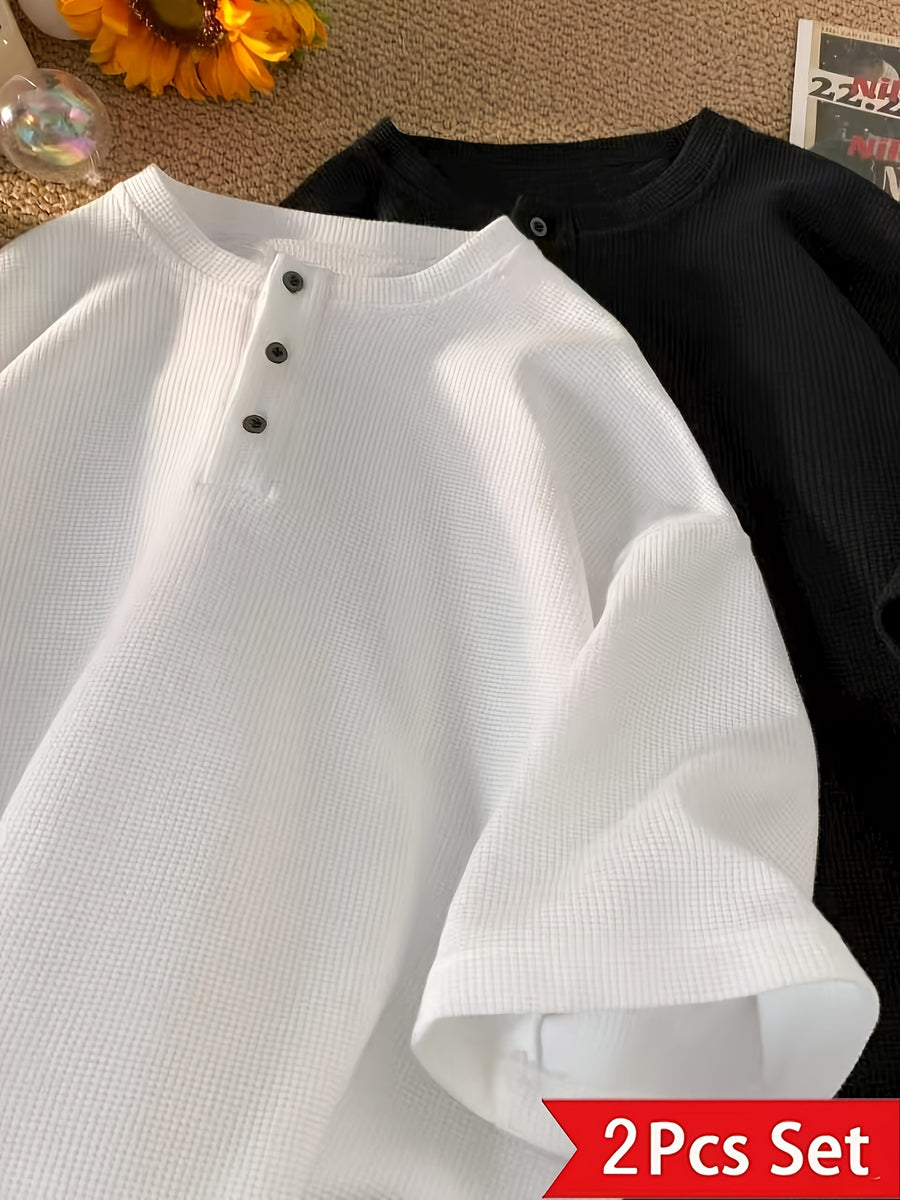 2-pc Men'S Waffle-Knit Henley T-Shirts, 3-Button Crew Neck, Loose Fit Clean Fit Streetwear Summer Short Sleeve Tops - White+black