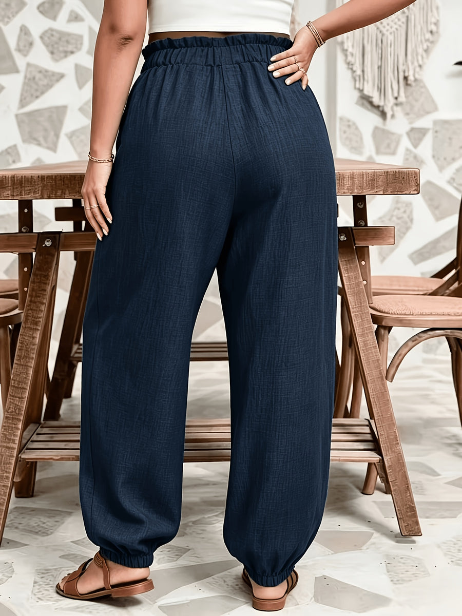 Plus Size - All Seasons Plus Size Beautiful Women'S Casual -Like Rubber High-Waist Scalloped Trim Tie-Pocket Women'S Long Pants, Casual Daily Versatile Vacation Holiday Style - Dark Blue