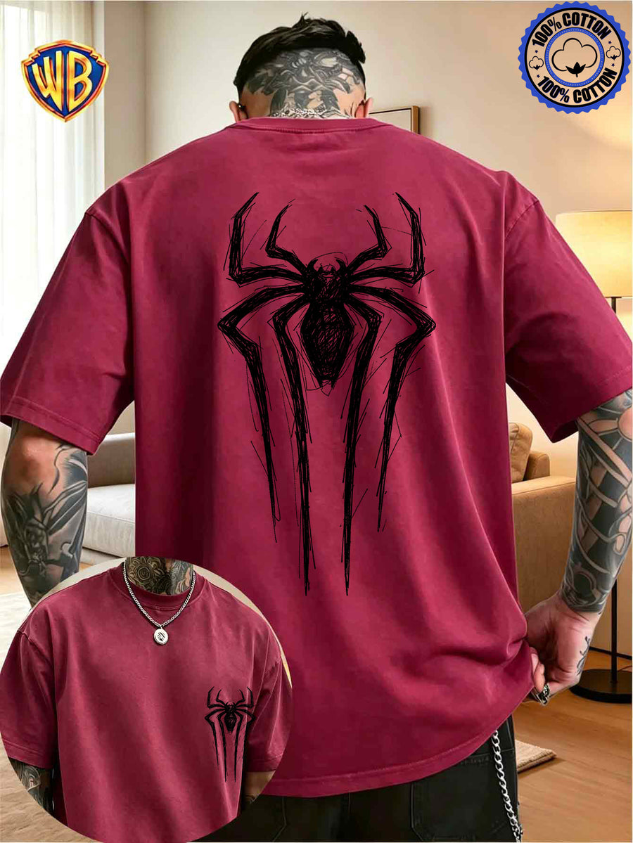 Unisex T-shirt Featuring a Niche Dark Aesthetic with Hand-painted Front and Back Dual-position Combination Prints, Creating a Low-key, Cool, Eye-catching, and Trendy Campus Style - Burgundy
