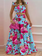 New European and American Style Summer Ruffle Trim Cinched Chest 2pcs Set Women's Long Dress, Blue Base with Rose Red Large Floral Contrast, High-Waisted Sexy Camisole Flared Skirt, Suitable for Summer Club Parties. Can Be a Surprise for Others - Dark Pink