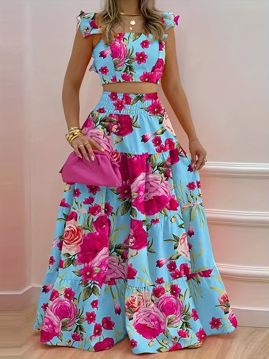 New European and American Style Summer Ruffle Trim Cinched Chest 2pcs Set Women's Long Dress, Blue Base with Rose Red Large Floral Contrast, High-Waisted Sexy Camisole Flared Skirt, Suitable for Summer Club Parties. Can Be a Surprise for Others - Dark Pink