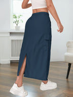 American-style Quick-Dry Women's Multi-Pocket Workwear Skirt with Button Placket, Casual High-Waist Commuter Midi Skirt - Navy Color