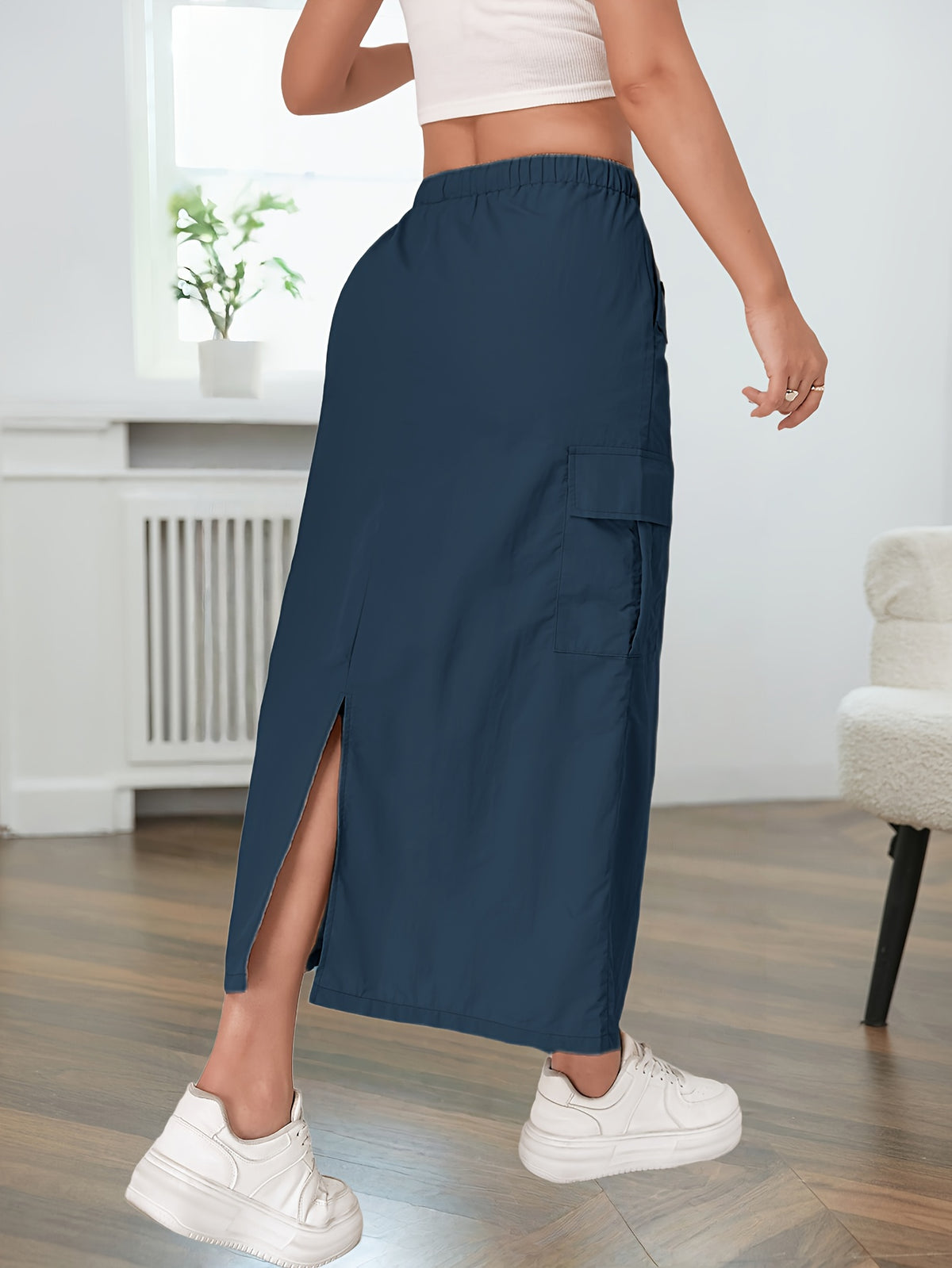 American-style Quick-Dry Women's Multi-Pocket Workwear Skirt with Button Placket, Casual High-Waist Commuter Midi Skirt - Navy Color