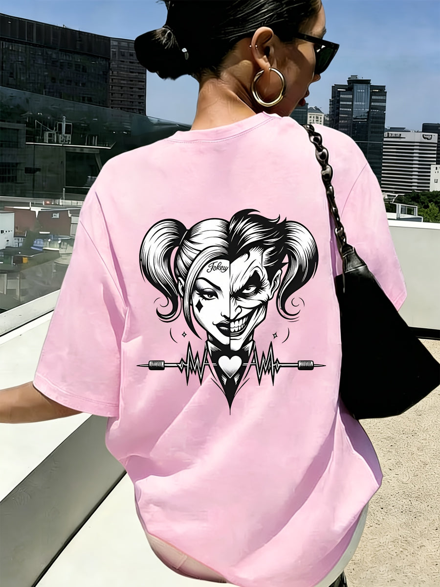Women'S New Short-Sleeved T-Shirt, 100% T-Shirt Top, WB Brand Authorized "Joker" Joker Quinn Print Summer Breathable Top, Slim-Fit Women'S T-Shirt, Fashionable Women'S Clothing - Pink