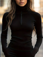 American Casual High Neck Base Layer Women's Autumn High-End Zipper Half Open Lapel Pullover Top - Black