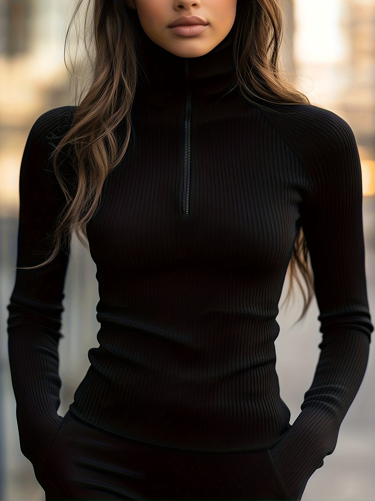 American Casual High Neck Base Layer Women's Autumn High-End Zipper Half Open Lapel Pullover Top - Black