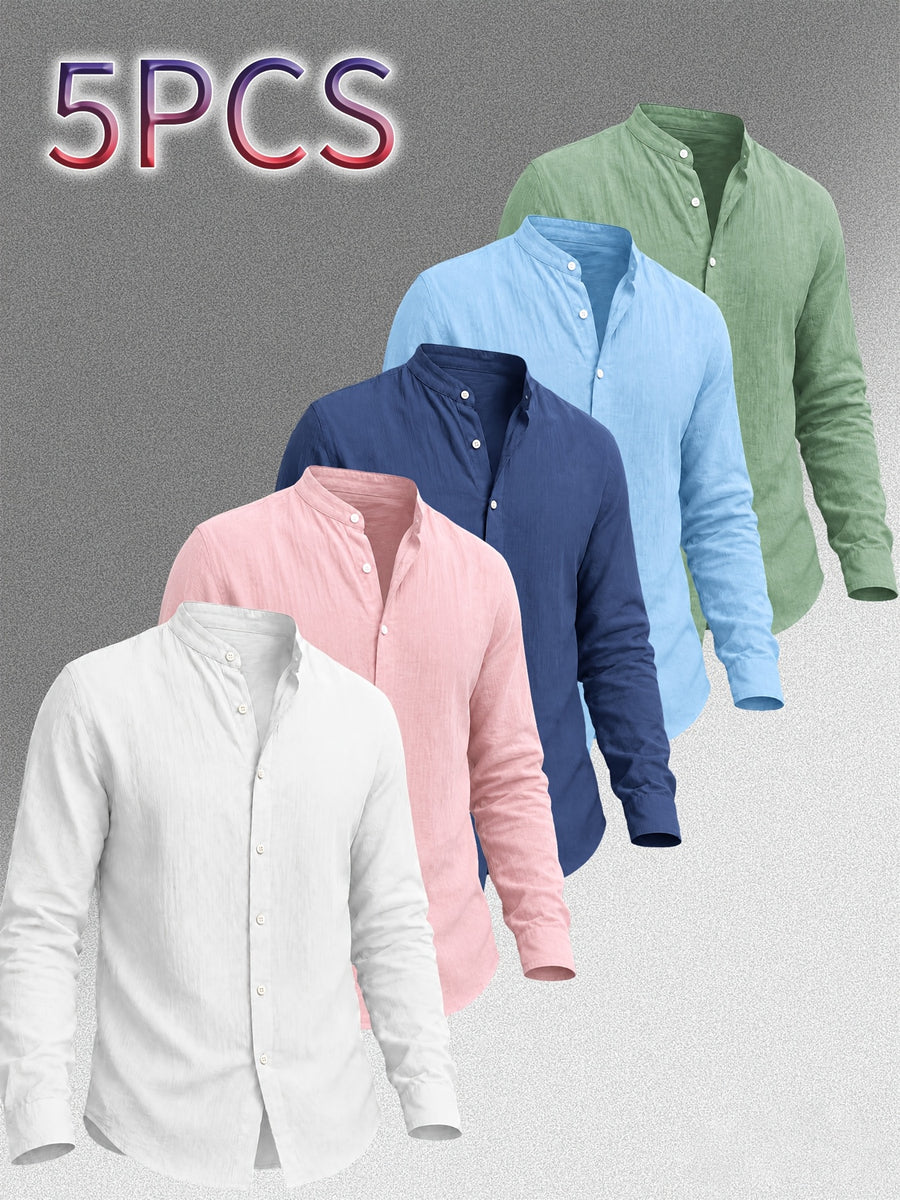 Zhiyu OBM Men's New Stand Collar Solid Color -Look Long Sleeve Shirt 5pcs Set, Simple Stand Collar Design, High-Quality Men's Long Sleeve Button- Shirt for Spring, Autumn, and Winter - Suitable for Outdoor Leisure, Vacation, Travel, and Formal Wear - White + Pink + Navy Blue + Sky Blue + Green