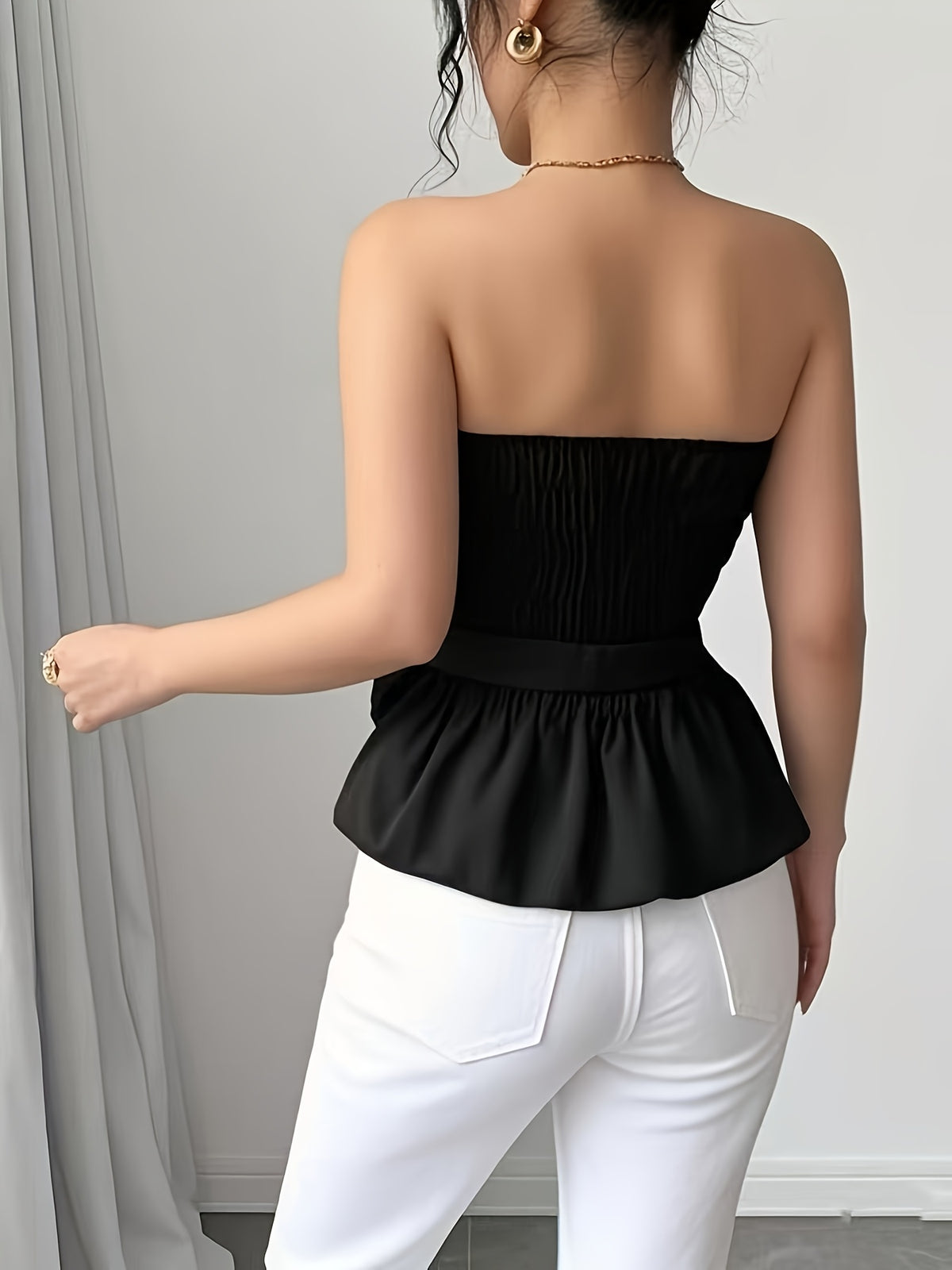 New European And American Style Sexy Off-The-Shoulder Backless Solid Color Versatile Hot Temperament Fashion Strapless Top - Black