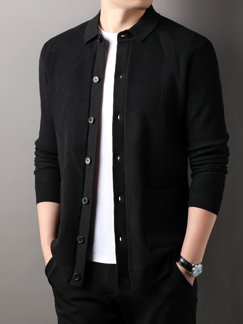 Du Jing Lan OBM Men's Autumn/Winter New Arrival Knitted Cardigan, Old Money Style Solid Color Lapel Pocket Open Front Single-Breasted Knit Cardigan, Men's Business Casual Fashion Open Front Knit Cardigan Top, Suitable for Layering in Spring - Black