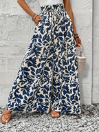 Summer Elegant Chic Romantic Women'S Printed Ruffled Waistband Wide-Leg Casual Loose Vacation Trousers with Fake Drawstring Casual Style - Apricot