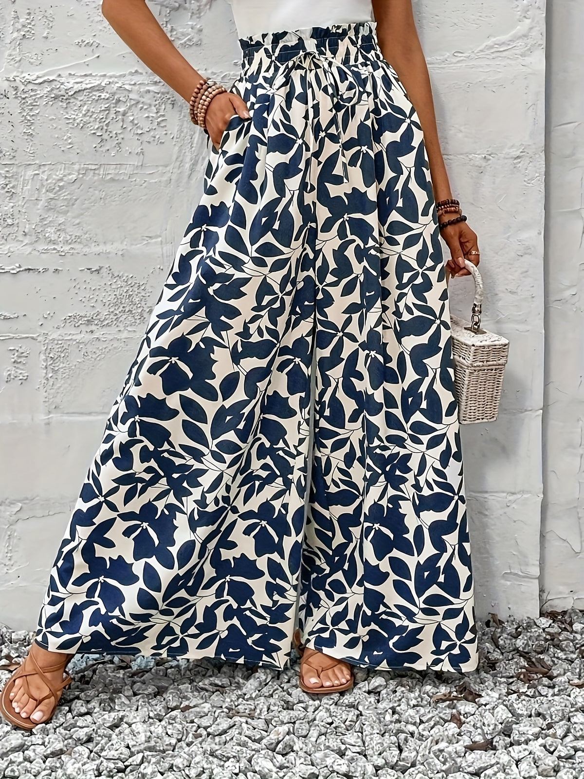Summer Elegant Chic Romantic Women'S Printed Ruffled Waistband Wide-Leg Casual Loose Vacation Trousers with Fake Drawstring Casual Style - Apricot