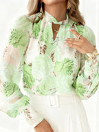 Elegant Women'S Chiffon Printed Long-Sleeved Shirt with Lining, Colorful Floral Patterns Combined with Metal Buckles, Classic Wrap Neckline Design, Exquisite Cuffs Are Eye-Catching, Suitable for Daily Fashion Wear, Vacation And Leisure - Light Green