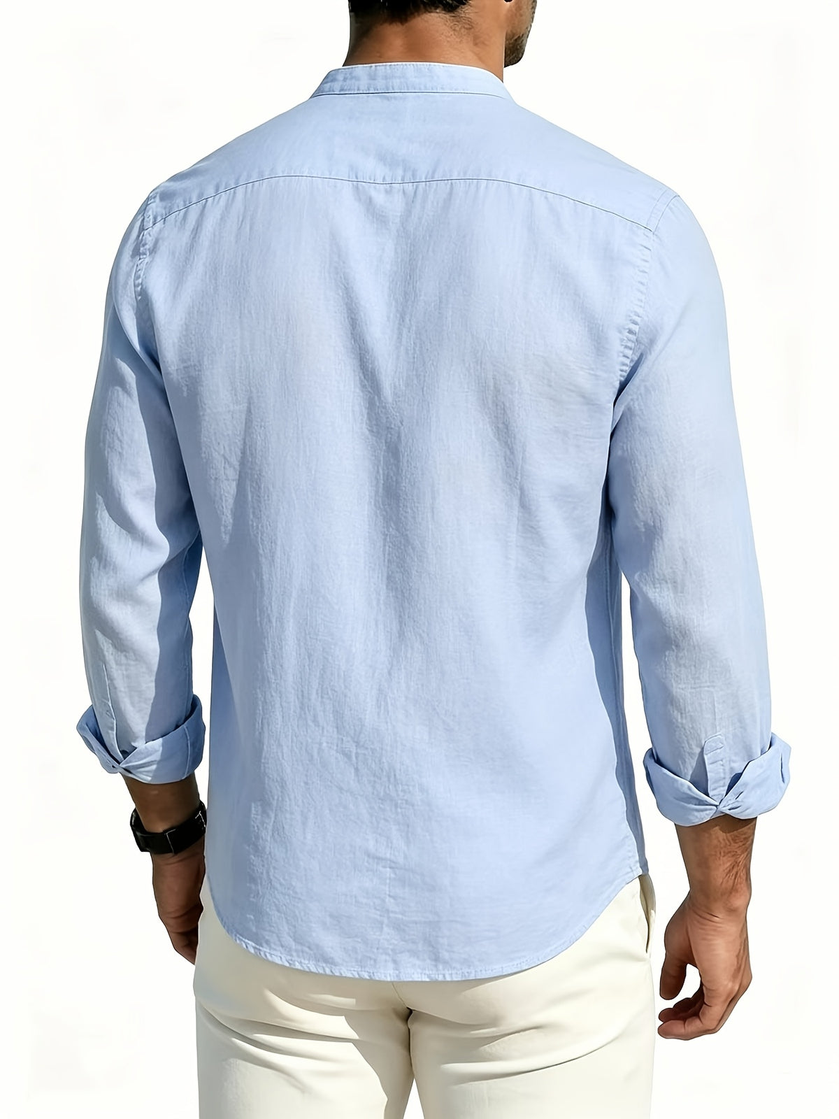 Men's Casual Stand up Collar Long Sleeved Shirt, Simple Solid Color Versatile, Suitable for Both Business and Leisure, Daily Commuting Outerwear - Sky Blue