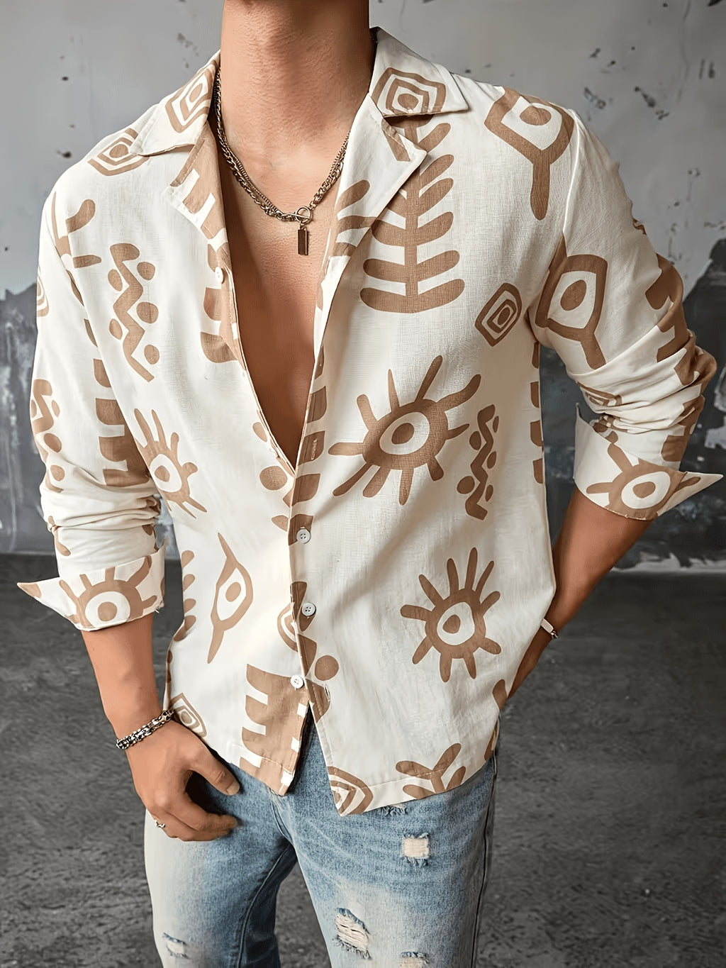 Casual Style Fashion Men'S Shirt, Print Long Sleeve Shirt, Comfortable Commute Top - Mixed Color 1