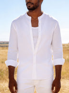 26-Year-Old Men'S New Small Stand-Up Collar Long-Sleeve Shirt, Classic Solid Colors And Multi-Colors Available. Soft, Breathable, Loose Fit for Men, Versatile Shirt for Daily Leisure - White