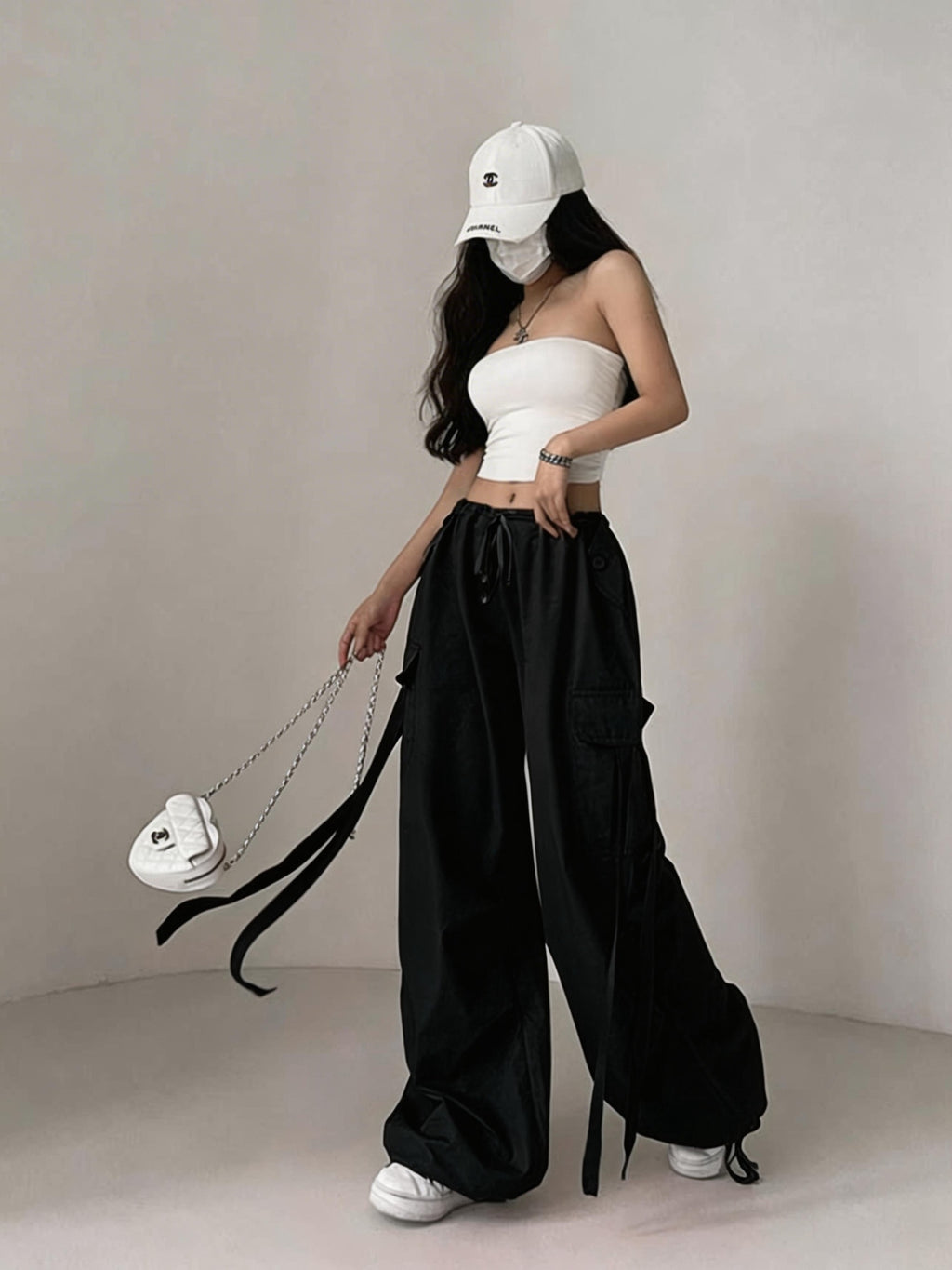 Street Style Loose Fit Drawstring Ankle Scarf Fashion Utility Pants Wide Leg Casual Long Trousers - Black