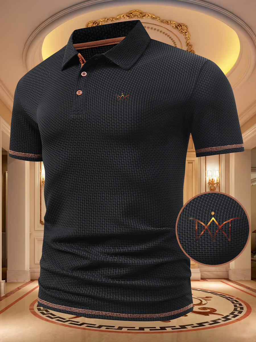 A06-4376VW Men's Popular Waffle Knit Polo Shirt, Textured Short Sleeve Casual Golf Shirt, Breathable Summer Top, Fashionable Golf T-Shirt, Suitable for Office / Vacation / Outdoor Use, Father's Day Gift - Black