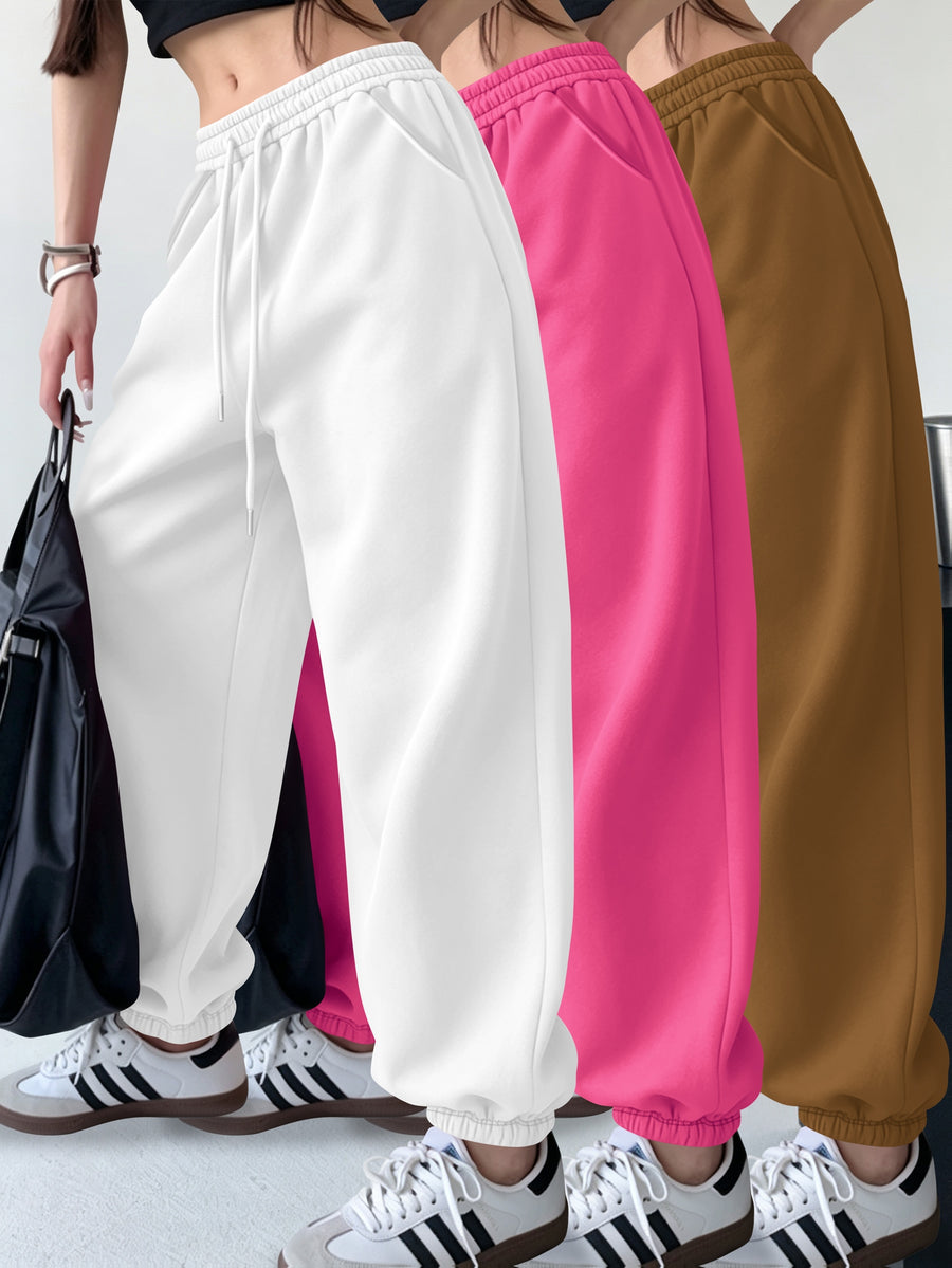 3pcs Set Halloween Casual Long Pants Elastic Waistband Pants, Warm Elastic Waistband Casual Trousers for Women's Outerwear in Fall/Winter - White+khaki+pink