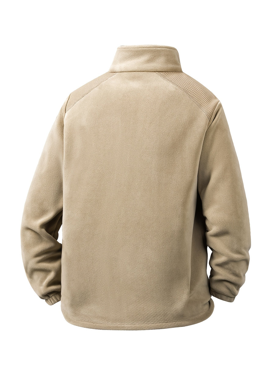 Men'S Autumn And Winter Outdoor Fleece Jacket with Stand Collar, Warm And Fashionable Jacket for Daily Wear, Featuring Windproof Patch Design And Zipper Design - Khaki