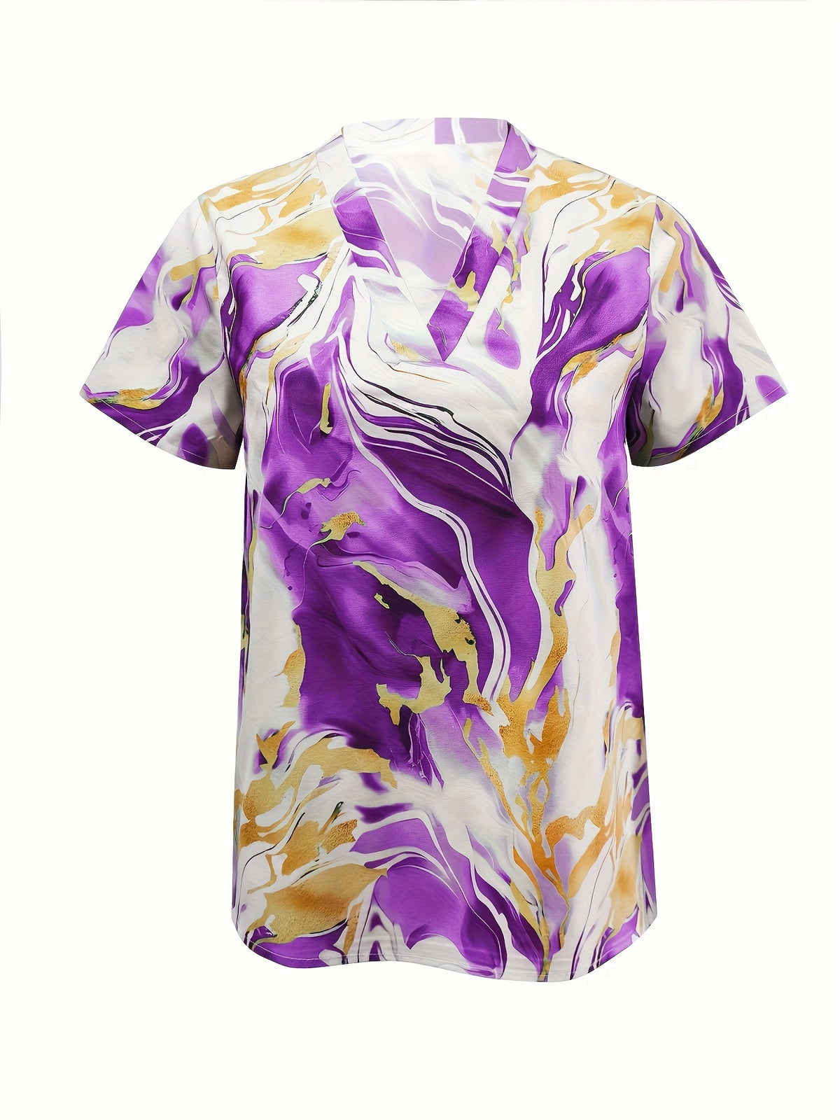 Women's Elegant Marble Print Short Sleeve Shirt - Lake Blue & Golden Geometric V-Neck Top, Lightweight Professional Blouse for Spring/Summer, Machine Washable Office & Casual Wear, Summer Fashion, Sophisticated Texture, Spring Outfit, Durable - Purple