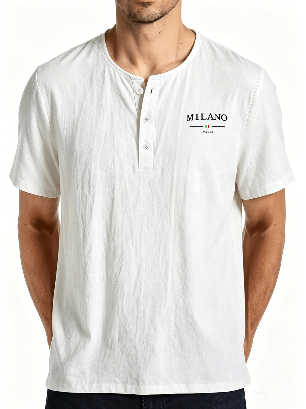 European-style Minimalist Printed Henley Collar Short-Sleeve Men's T-Shirt, Lightweight with Pleated Texture, Loose Fit for Beach Vacation Casual Wear - White