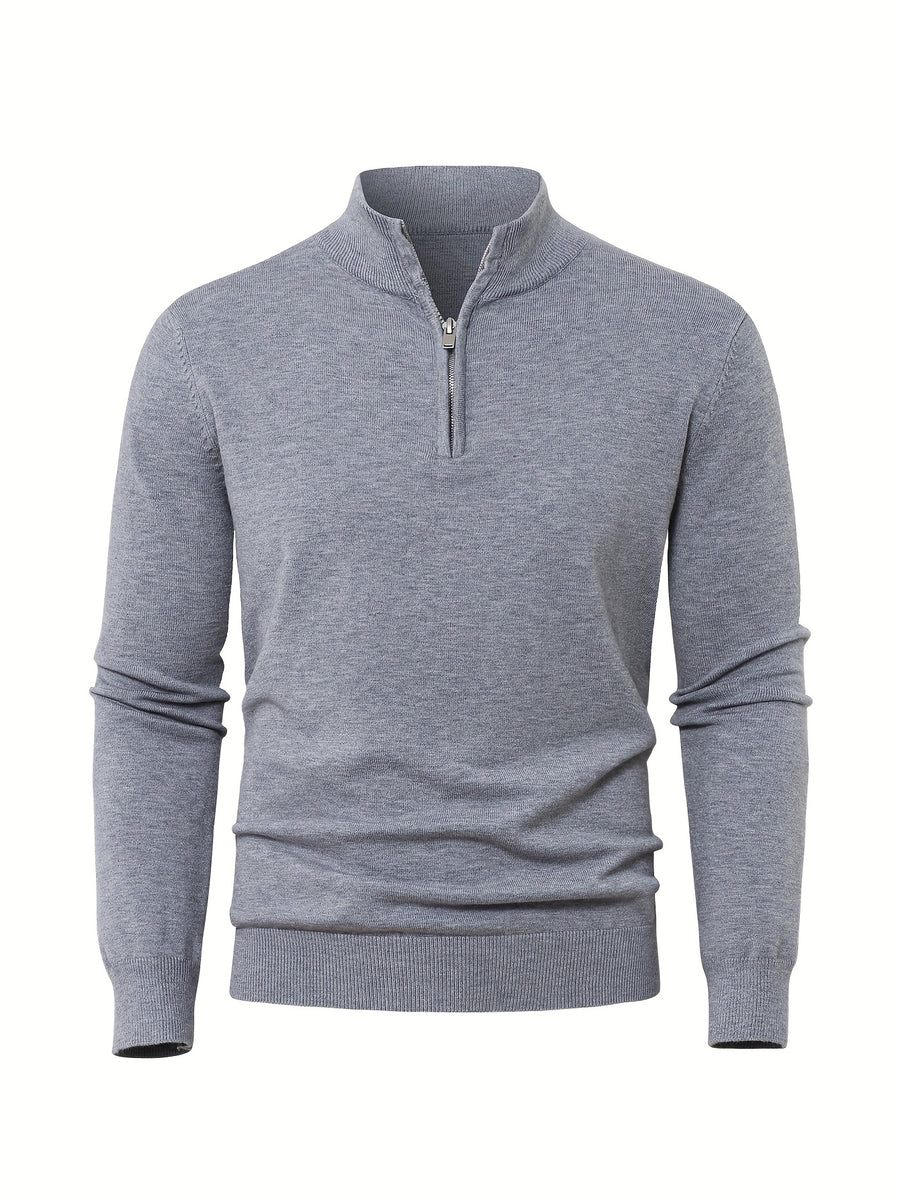 2025 New Men's Casual Solid Color Knit Zip-Front Sweater - Thickened Warm Top - Fashionable Minimalist Style with Medium Stretch for Daily Comfort, Men's Essential Cold-Weather Item, High-Quality Autumn/Winter Fashionable and Mature Pullover - Grey