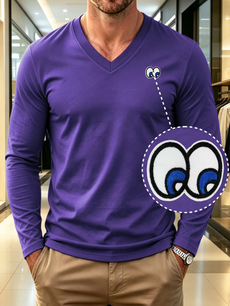 100% Cotton Men's V-Neck Long Sleeve Crewneck T-Shirt, Men's Knitted Sweatshirt, Casual Sport Outdoor Top, New Men's Casual Versatile T-Shirt, Back-to-School Season, Gift for Friends - Purple 2