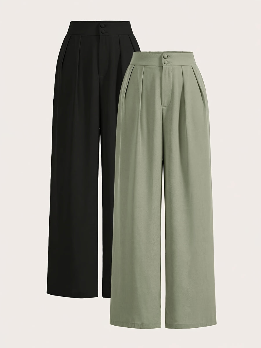 High-Waisted Wide-Leg Pants Two-Piece Set - Light Green+Black