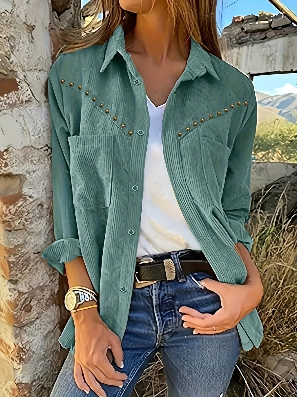New Corduroy Women's Top, Simple Casual Versatile Rivet Decor with Pockets Popular Vintage Shirt - Green