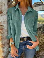 New Corduroy Women's Top, Simple Casual Versatile Rivet Decor with Pockets Popular Vintage Shirt - Green