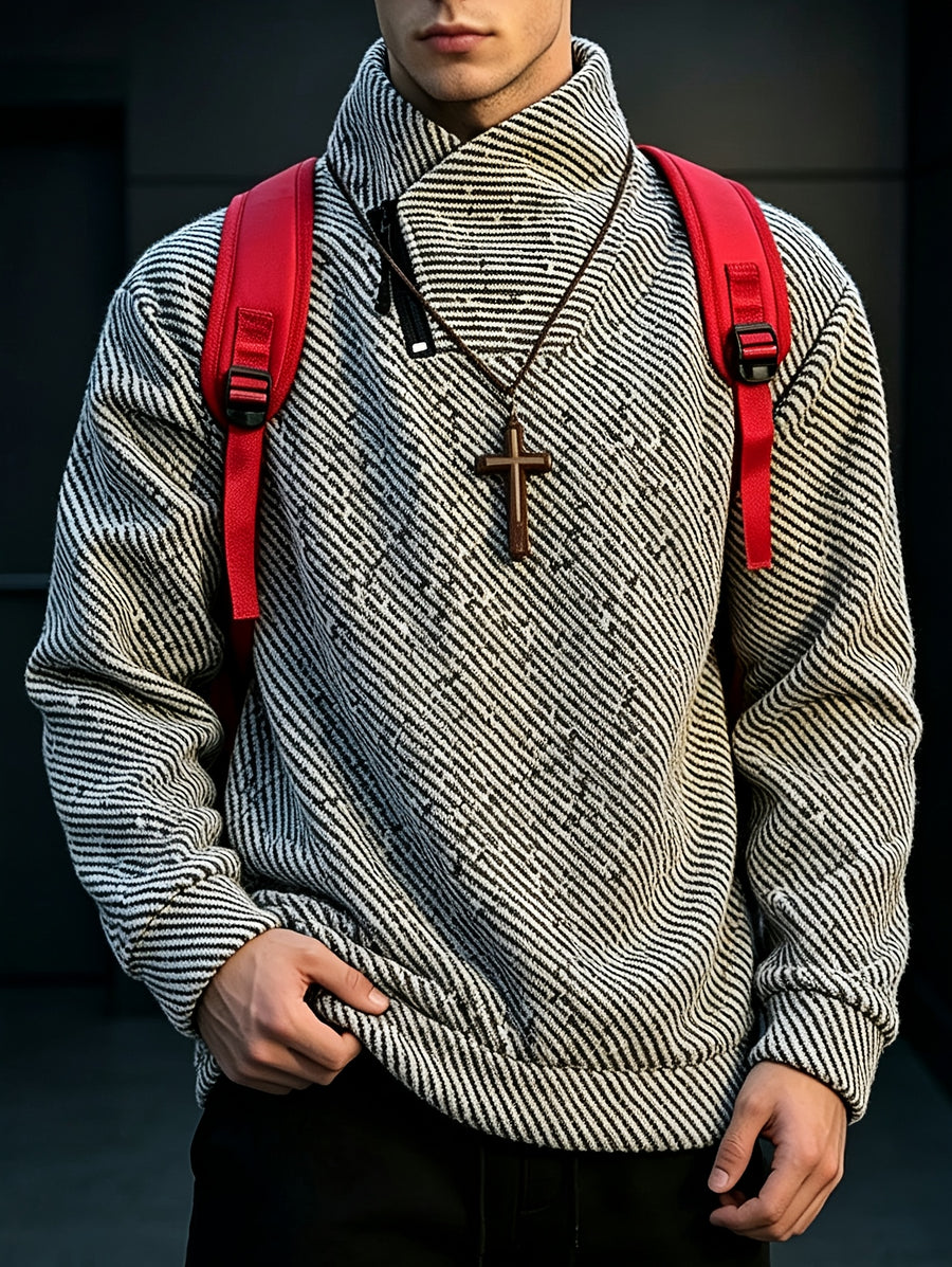Men's Sweatshirt, Classic Elegant Style, Diagonal Zipper, Stand-Up Collar, Long Sleeve, Spring/Autumn Streetwear, Stylish and Thickened Heavyweight Men's Top Winter Clothes for Men - White
