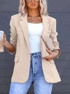 Fashionable Women's Elegant Blazer, Stylish Commuter Versatile Cardigan with Real Pockets, Solid Color New Casual Spring Jacket - Apricot