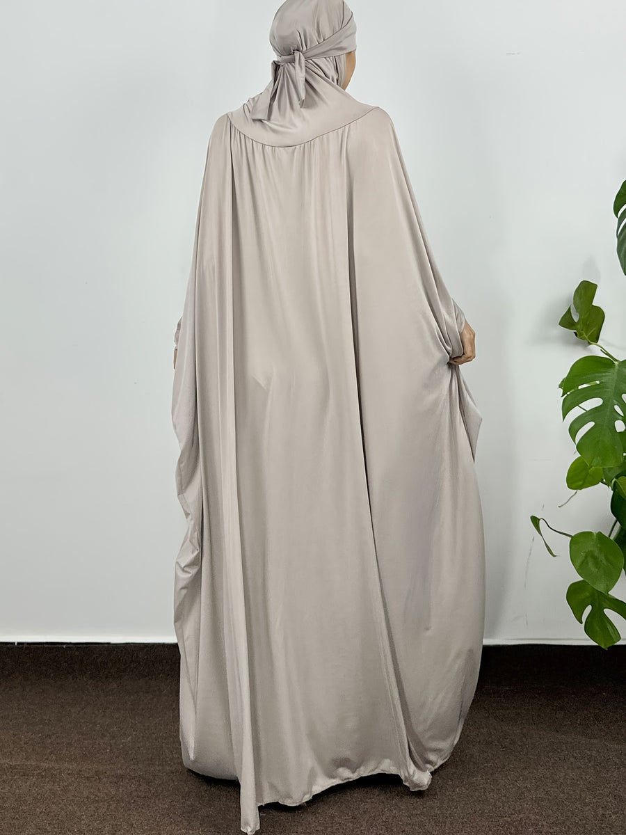 Muslim Smocking Sleeve One-Piece Prayer Robe Hooded Islamic Dubai Saudi Robes Turkish Modesty - Grey